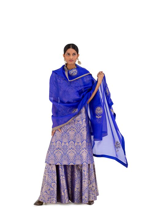 Buy Varanasi Silk Brocade Green V-Neck Kurta & Sharara With Floral ...