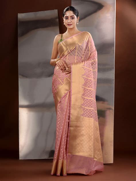 Pink Organza Handwoven Saree With Zari Woven Designs And Patterns ...