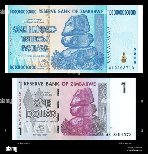 Inflation: One Hundred Trillion Dollar Zimbabwe Bank Note next to 1 dollar note of equal value ...