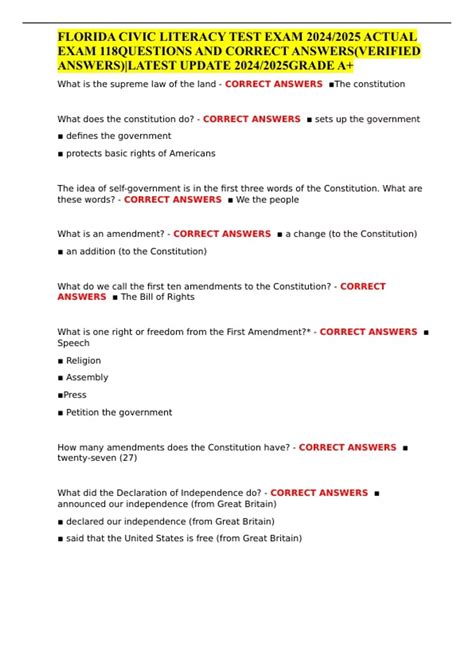 FLORIDA CIVIC LITERACY TEST EXAM 2024/2025 ACTUAL EXAM 118QUESTIONS AND ...