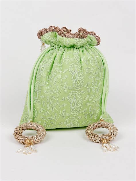 Buy Lime Green Embroidered Potli Hand Bag Online. – Odette