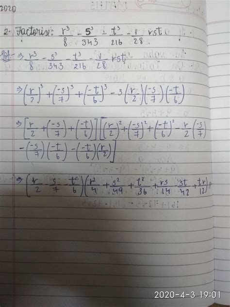 Factorise (r^3/8)-(s^3/343)-(t^3/216)-(1/28rst) - Brainly.in