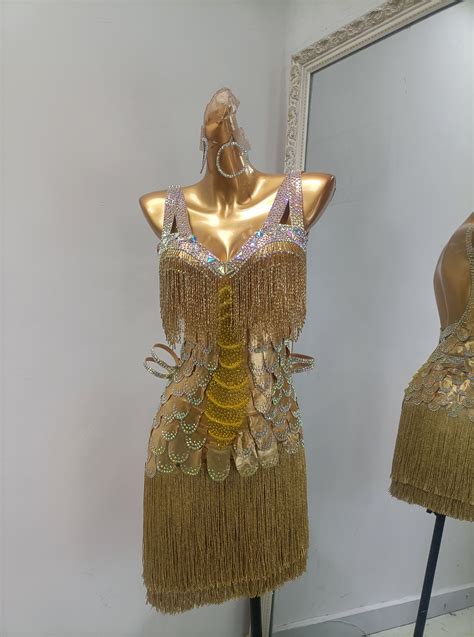 Gold Latin dance dress with fish scales, beaded fringe and fringe - Steps & Threads