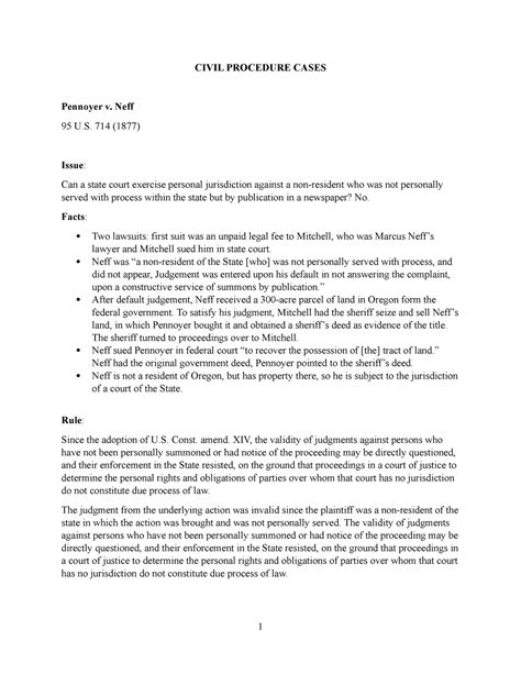 Civil Procedure Case Briefs - CIVIL PROCEDURE CASES Pennoyer v. Neff 95 ...