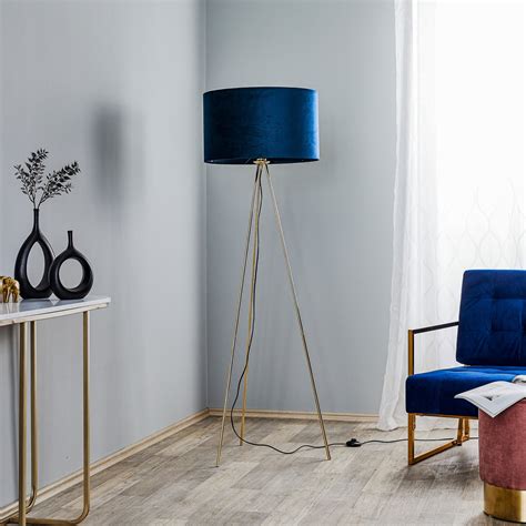 Monaco floor lamp, three-legged, gold, blue velvet | Lights.ie