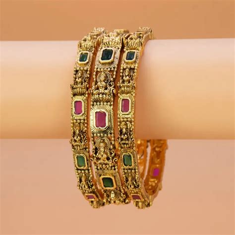 Antique Gold Plated Lakshmi Multi-Colour Stone Bangle Set – K Supreme