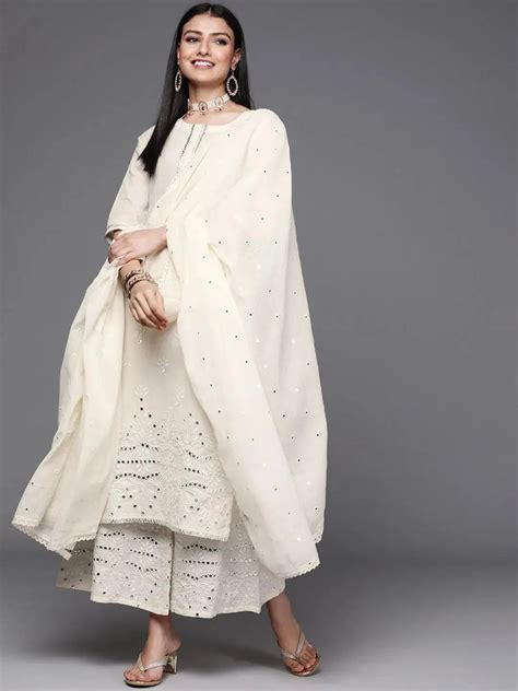 Buy Off-White Embroidered Cotton Straight Kurta With Palazzos & Dupatta ...