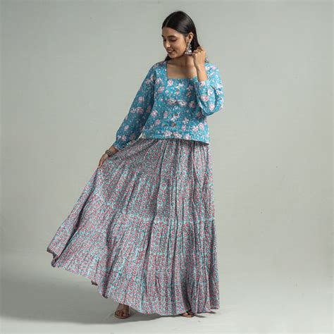 Blue Sanganeri Block Printed Tiered Cotton Long Skirt