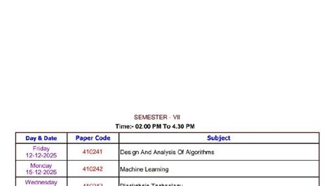 End Sem Time Table for Courses 410241 to 410245 - Studocu