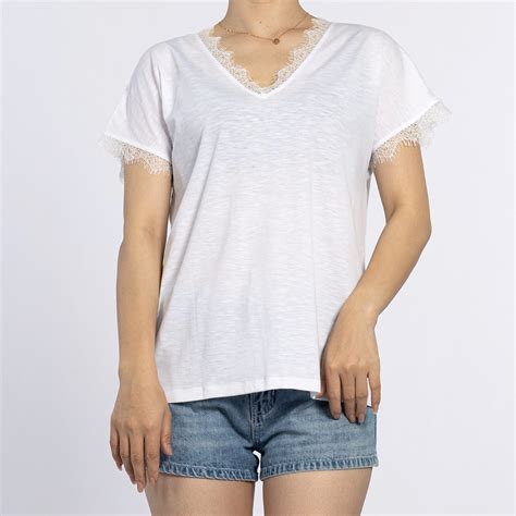 Custom V-Neck Side Lace Design Pure White Knitted Cotton Tshirts Women ...