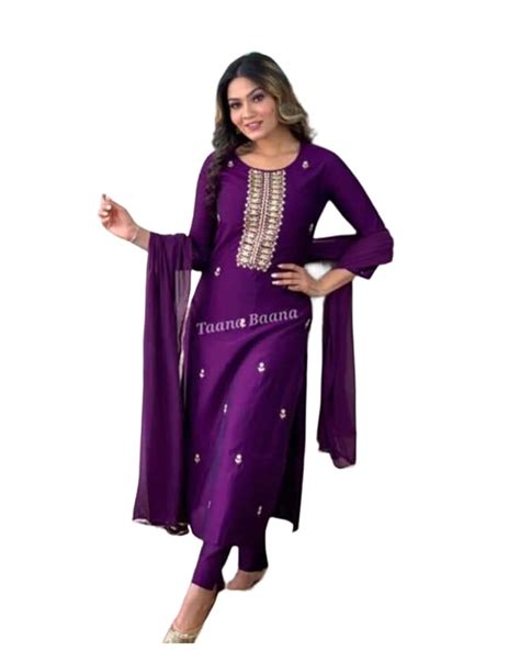 Buy J.Kanji Zari Embroidery Work Straight Kurta With Bottom & Dupatta ...