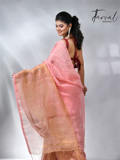 Peach With Half Golden Zari Border Pure Linen Handloom Saree – Tamal ...