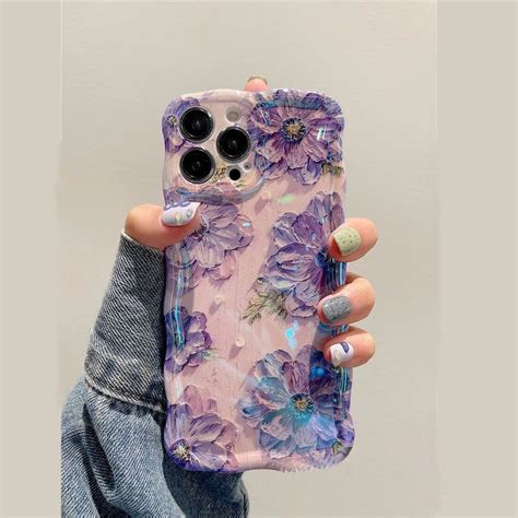Light & Dark Purple Laser Floral Flowers Holographic iPhone Soft Silic ...