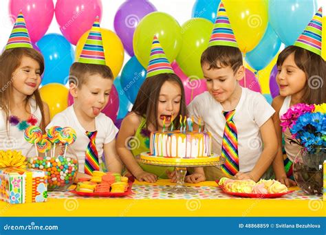 Group Of Joyful Little Kids With Cake At Birthday Stock Photo - Image ...