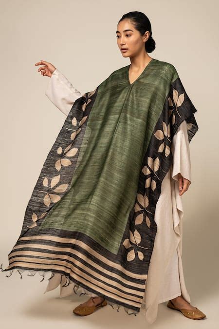 Buy Green Tussar Round Neck Leaf Pattern Border Kaftan For Women by ...