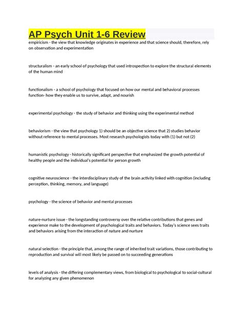 AP Psych Unit 1-6 Review | Exams Psychology | Docsity