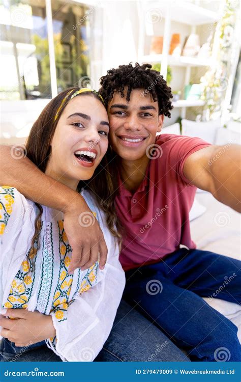 Portrait of Cheerful Biracial Young Boyfriend Taking Selfie with ...