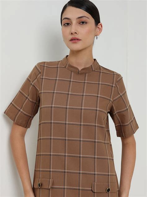 Buy Brown Cotton Plaid Shift Dress Online | FableStreet