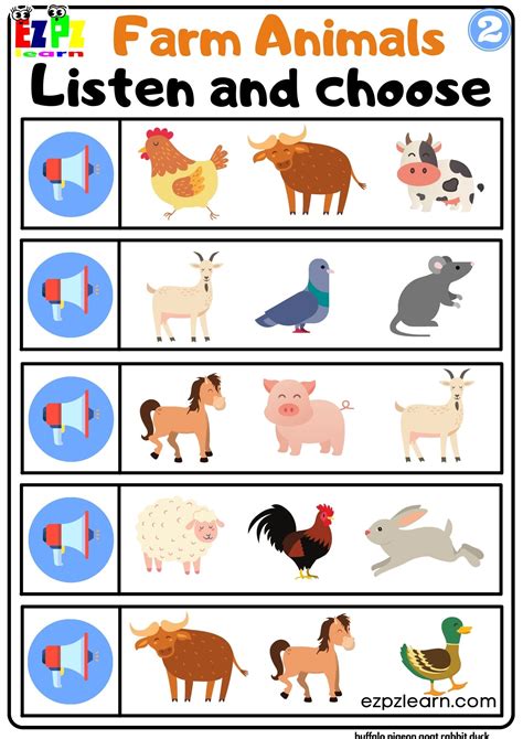 Interactive Worksheet for Farm Animals Listen and Choose Worksheet for ...