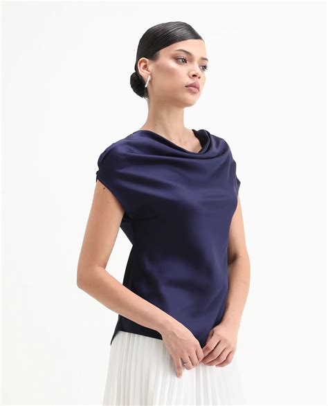 Rareism Women's Hawter Navy Polyester Cowl Neck Plain Cap Sleeve Regul