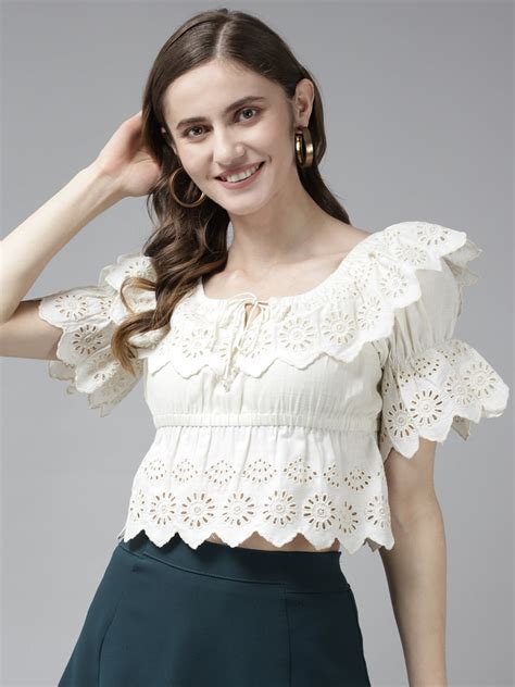 Shop Bhama Couture Off White Cotton Schiffli Front Neck Dori Knot Top ...