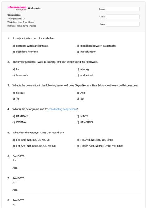 50+ Conjunctions worksheets for Class 7 on Wayground | Free & Printable