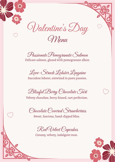 Free Valentine Day Menu Templates, Editable and Printable