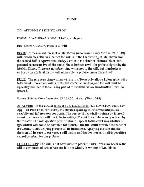 LGLA 1305 IRAC 2 - Assignment IRAC 2 for Legal Writing course - MEMO TO ...