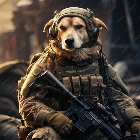 Premium AI Image | a dog wearing a military uniform and a gun with a ...