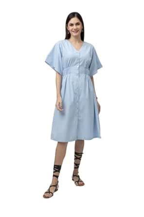 Buy 7OUNCE Women's A-Line Chambray Midi Dress - Half Sleeves, V-Neck ...