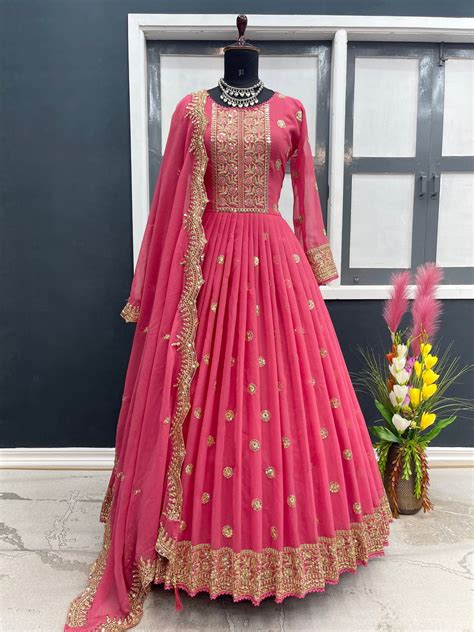 Designer Pink Color Embroidery Work Gown - Clothsvilla