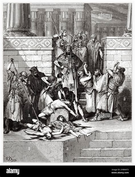 Nebuchadnezzar murdering the children of Zedekiah. Old Testament. Antique bible illustration by ...