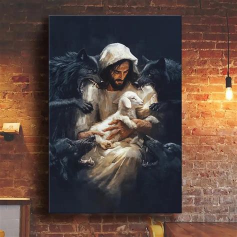 Jesus the Good Shepherd Protecting His Lamb From the Wolves – Wall Art ...