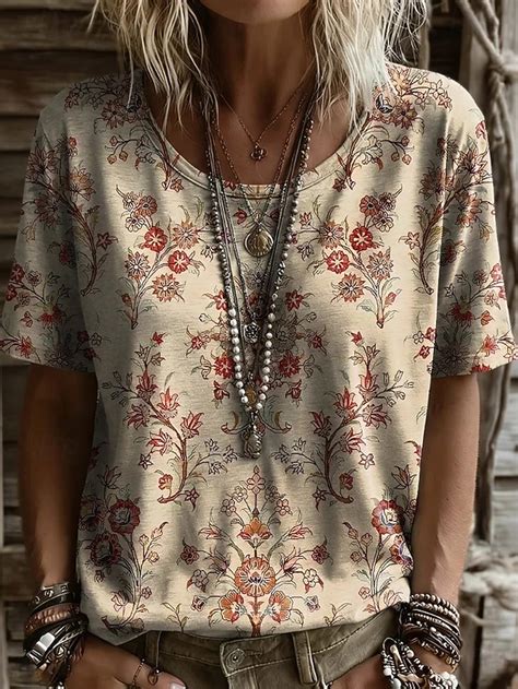 Women's T Shirt Print Floral Graphic Plants Vintage Stylish Casual ...