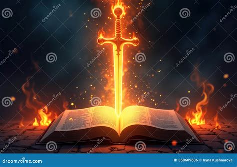 Flaming Sword Emerges from Open Bible. Holy Scripture Shines Brightly ...