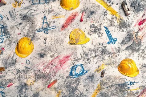 Construction Theme with Yellow Hard Hats and Colorful Chalk Drawings on ...