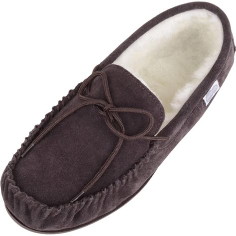 SNUGRUGS Men's Rubber Sole Suede Sheepskin Moccasin Slippers - Dark ...