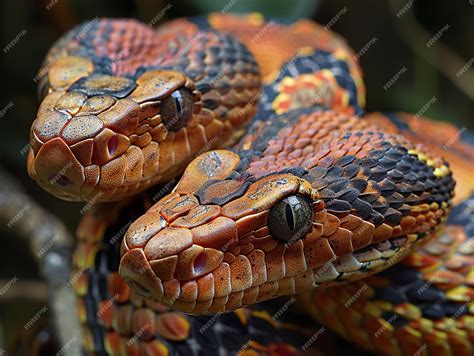 A snake with a black eye and a red and yellow snake on its head ...