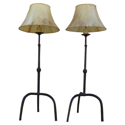 Vintage Pair of Brutalist Bronze Tripod Base Floor Lamps with Goatskin ...