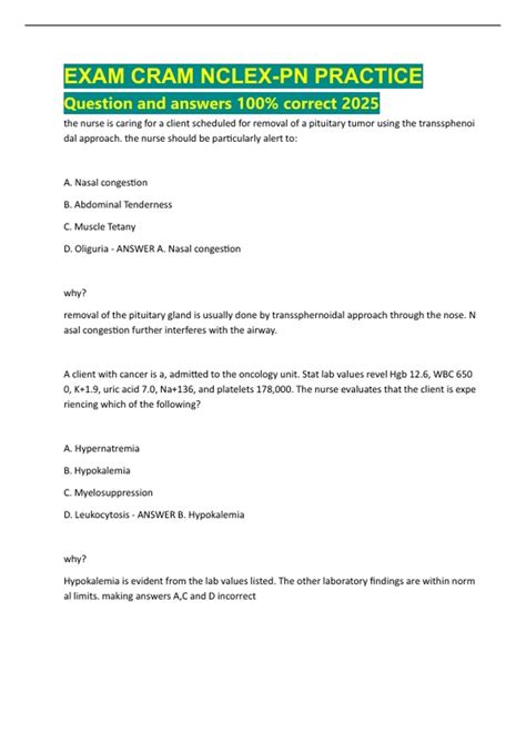 EXAM CRAM NCLEX-PN PRACTICE Question and answers 100% correct 2025 ...