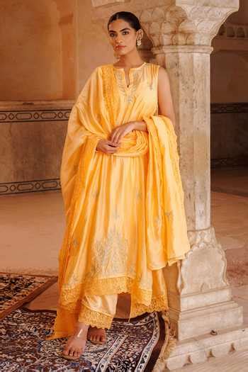 Buy Orange Chanderi Embroidery, Tassels, Lace Split V-neck Kurta Set ...