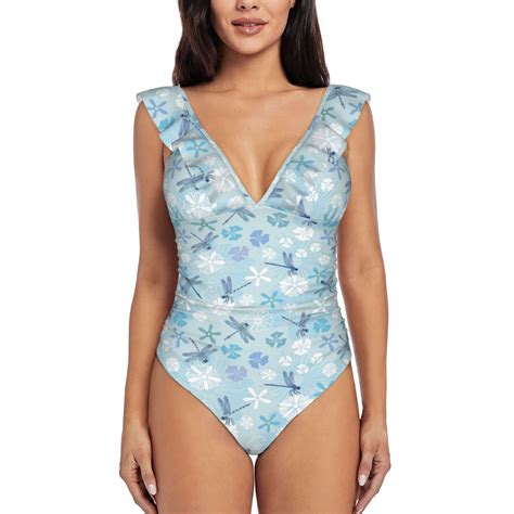 One Piece Swimsuits Women Tummy Control, Dragonfly Flower Light Blue ...