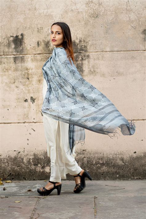 Samuday Craft Block Printed -Silk Dupatta-Grey Colour – Okhaistore