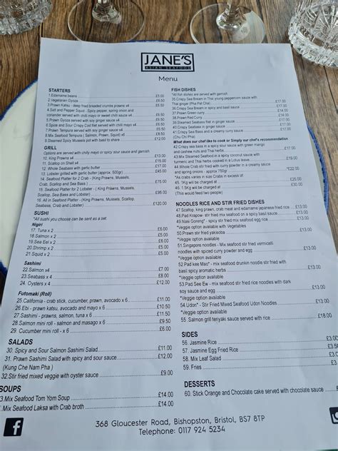 Menu at Jane’s Asian Seafood Restaurant, Bristol