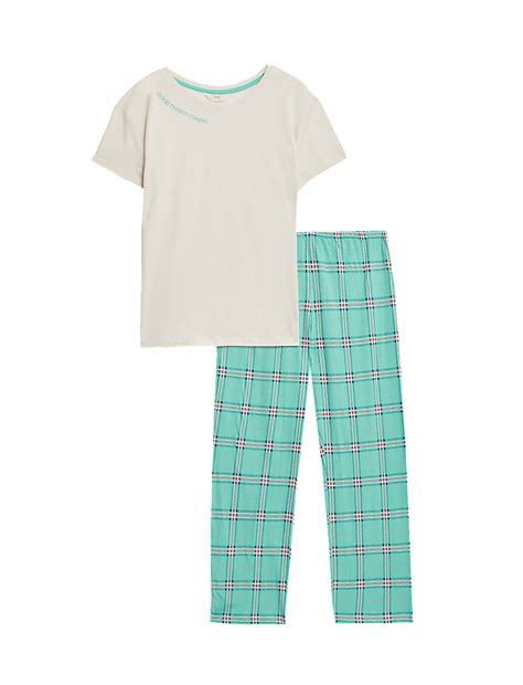 Buy Pure Cotton Checked Slogan Pyjama Set at Marks & Spencer