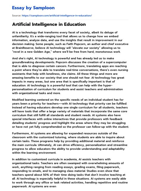 ≫ Artificial Intelligence in Education Free Essay Sample on Samploon.com