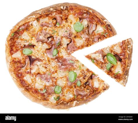 Fresh made Ham and Pineapple Pizza slices isolated on white background ...