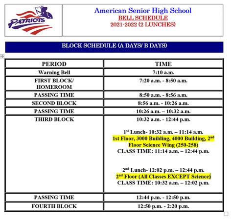 Daily American Senior High School Bell Schedule - December 28, 2022 : r ...