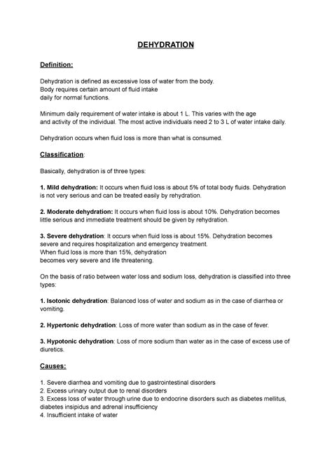 Dehydration - Lecture notes 1 - DEHYDRATION Definition: Dehydration is ...