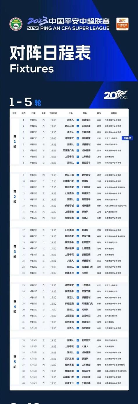 2023赛季中超赛程公布：4月15日揭幕战 北京国安VS梅州客家_腾讯新闻